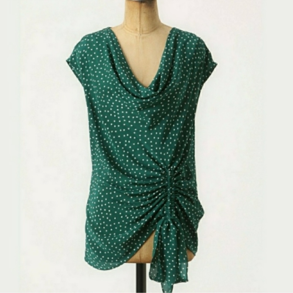 Anthro silk green dotted surplice top by Maeve, green white, side ruching  Sz 4